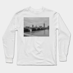 Black and White London City, Big Ben, Westminster Bridge Photography - Travel Photography Long Sleeve T-Shirt